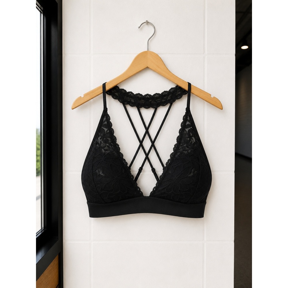 PINK Victoria's Secret Lace Bralette Black Medium Criss Cross Straps Padded